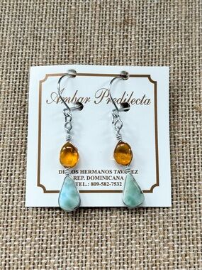 Vintage Domenican Genuine Amber and Larimar Drop Earrings